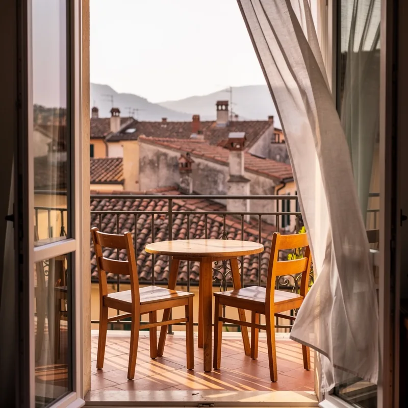 Balkon pokoju z dwoma krzesłami i widokiem na dachy śródziemnomorskiego miasteczka